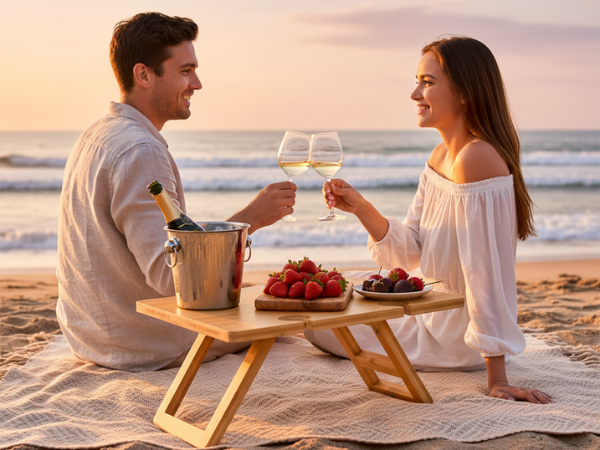 beach wine table, beach picnic table, seaside picnic, outdoor wine by ocean, sand picnic setup