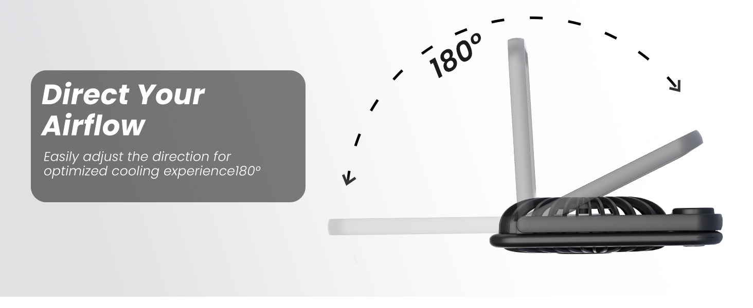 Adjustable electronic device stand with 180-degree rotation capability. Black plastic construction with multiple angled positions for airflow direction.