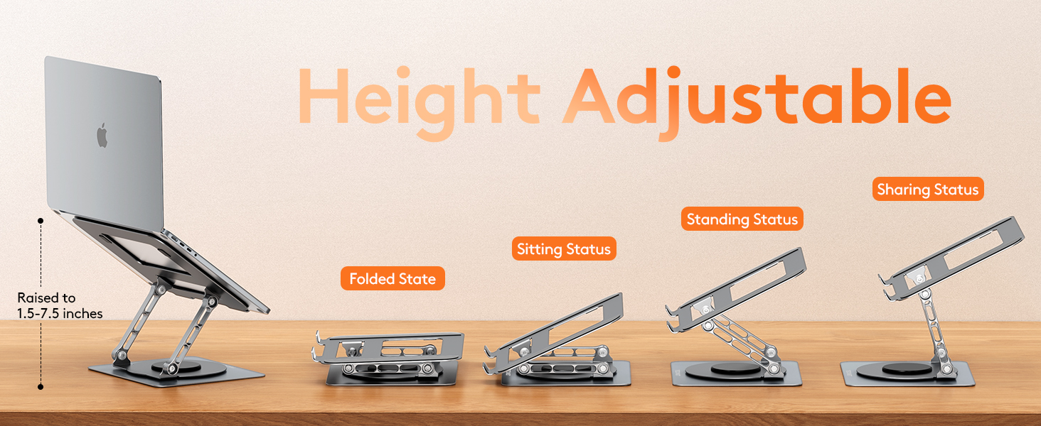 Text reads 'Height Adjustable'. Diagram showing five positions of adjustable laptop stand, demonstrating various angle settings from flat to elevated.