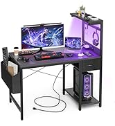 Grandder Gaming Desk 40 Inch with Power Outlet and LED Light, Computer Desk with Reversible Shelv...