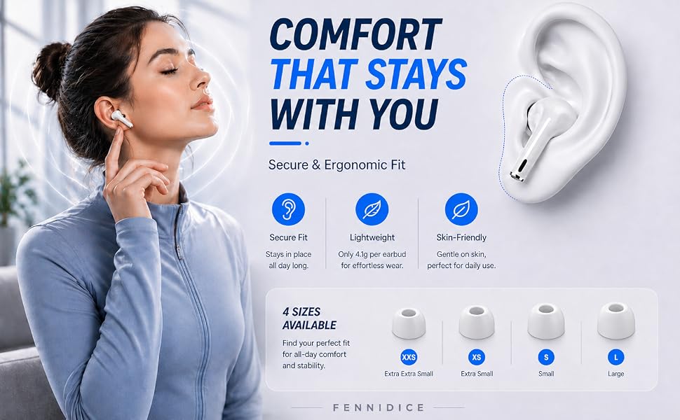 Woman wearing wireless earbuds with four ear tip sizes