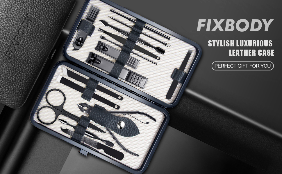 FIXBODY Manicure Set Nail Clippers Pedicure Kit -15 Pieces Black Stainless Steel Manicure Kit