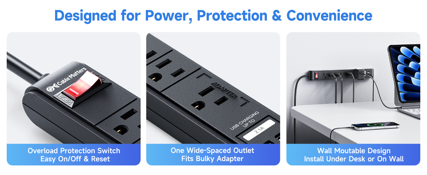 Close-up of USB ports on Cable Matters 6-outlet surge protector power strip.