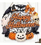 Halloween Wreath for Front Door Wooden Ghost Pumpkin Door Sign Wall Decor | Farmhouse Pumpkin Bla...