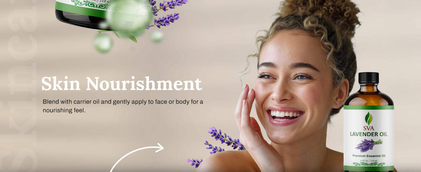 A Lady massagin her face after diluting lavender essential oil with carrier oil for skincare