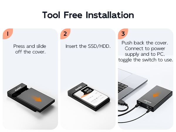 tool free 5Gbps 2.5 3.5 hard disk reader adapter caddy case ingenious slide-off cover design