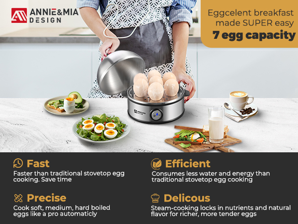 eggcelent breakfast made SUPER easy! 7 egg capacity. Faster than traditional stovetop egg cooking.