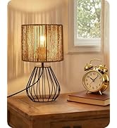 GOEBLESON Small Bedside Lamp, Boho Table Lamp with Handwoven Paper Lampshade &amp; Black Metal Base, ...