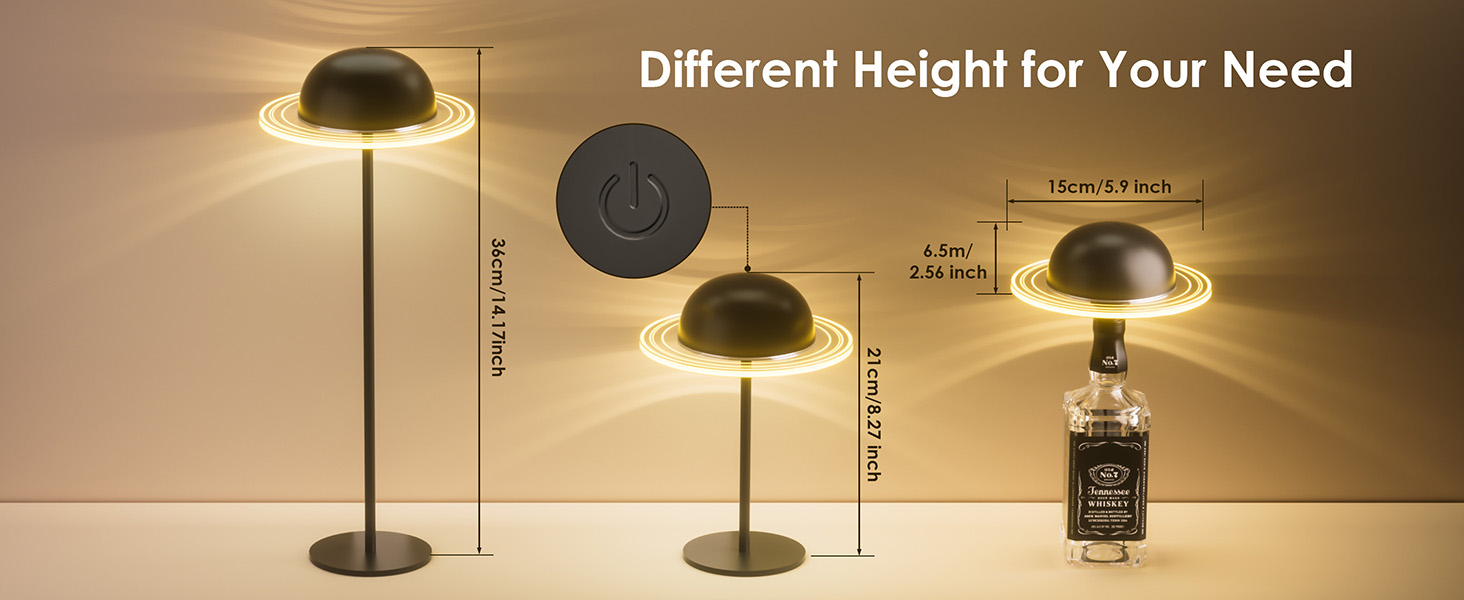 Text reads 'Different Height for Your Need'. Product showcase of adjustable desk lamps in various height positions against warm-toned background.
