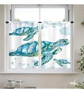 Final Friday Nautical Sea Turtle Theme Kitchen Window Curtains Beach Ocean Bathroom Curtain for B...