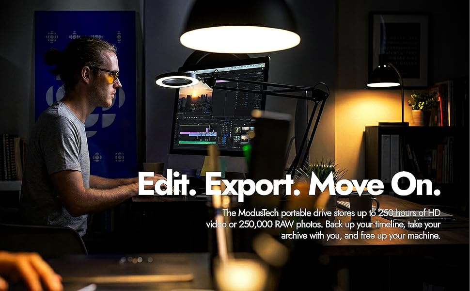 Text reads 'Edit. Export. Move On.' Dark atmospheric montage showing editing workspace scenes with computer monitors and lighting equipment.