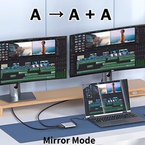 a laptop computer with a double display on the desk.