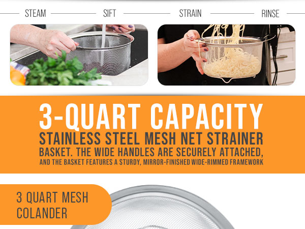 stainless steel colander strainer basket kitchen cooking drain pasta vegetables fruit salad