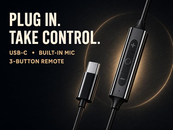 Black USB-C plug and in-line remote featuring volume, multifunction and call controls