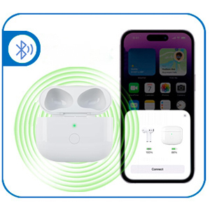White wireless earbuds in charging case next to smartphone displaying connection interface. Bluetooth icon and green circular lines indicate wireless connectivity.