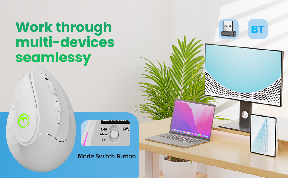 IFYOO 2.4G and BT 5.1 Dual Mode RGB Rechargeable Wireless Vertical Ergonomic Mouse PC Windows 11 10