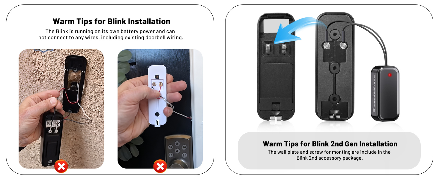 Text reads 'Warm Tips for Blink Installation' with instructional diagrams showing device mounting steps and hardware configuration for security camera setup.