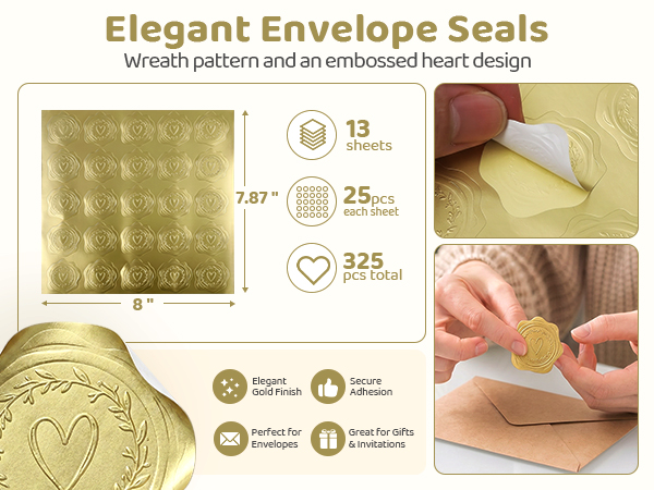 Gold Embossed Heart Envelope Stickers for Wedding Invitation Gifts Bags thank-you cards jewelry