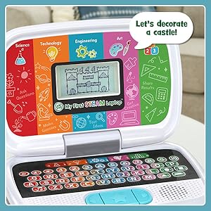 Toy laptop: Let’s decorate a castle! Kid selects shapes to decorate the castle.