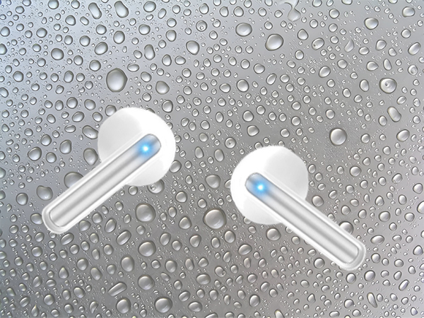Two white wireless earbuds with blue LED lights visible against a water-droplet covered surface, suggesting water-resistant design.