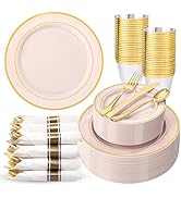 WDF Partyware 350PCS Pink Disposable Plates - Pink Plastic Plates 50Guests Plastic Dinnerware Set...