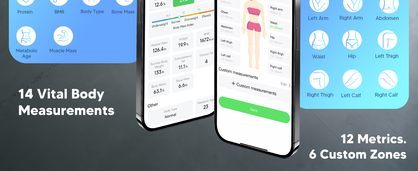 Scale with BMI, body fat, and muscle mass tracking, plus 14 vital metrics via app