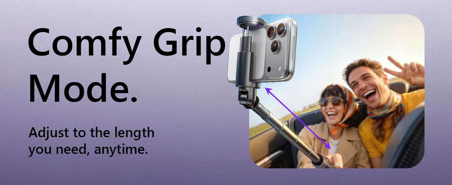 Text reads 'Comfy Grip Mode. Adjust to the length you need, anytime.' Split image showing phone mount device and outdoor photo, demonstrating adjustable grip functionality.