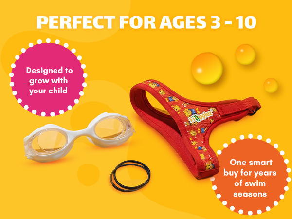 Red fabric swim goggle strap adjusted for a small fit for kids ages 3 to 5