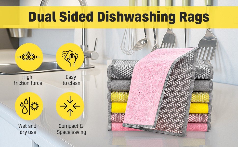 Dual sided dishwashing rags, reusable cleaning cloths for wet and dry use.