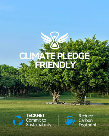Text reads 'CLIMATE PLEDGE FRIENDLY' with 'TECKNET Commit to Sustainability' and 'TECKNET Commit to Carbon Footprint' logos. Park landscape with trees and grass under blue sky promoting eco-friendly commitment.