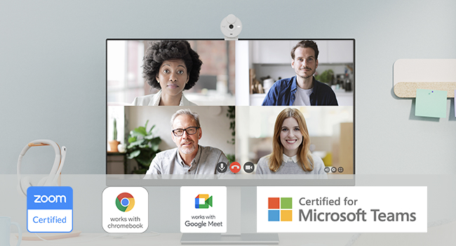 people having video conference call via brio 300 1080p webcam off-white