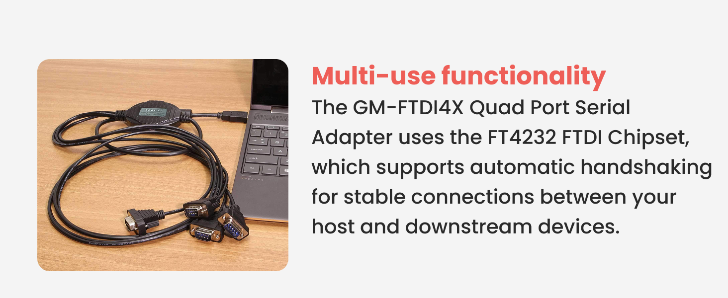 Multi-use quad port serial adapter with FTDI chipset, USB to RS232 solution for stable device
