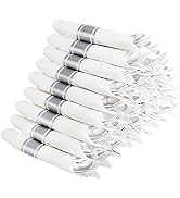 COLOSUS 50 Pack Pre Rolled Disposable Silver Plastic Silverware -Pre Rolled Napkin Cutlery set in...