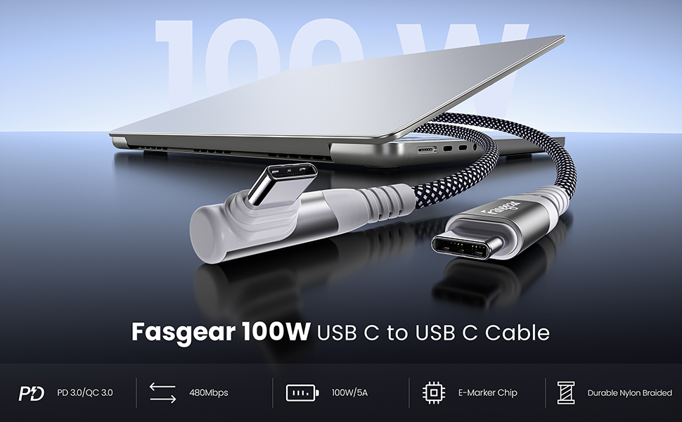 Fasgear cable usb 2.0 type c to type c pd cable 5a fast charging right angle 100w c to c cable cord