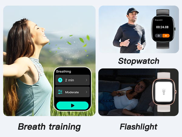 Fitness tracker: breath training, stopwatch, flashlight. For daily mindfulness and timing.