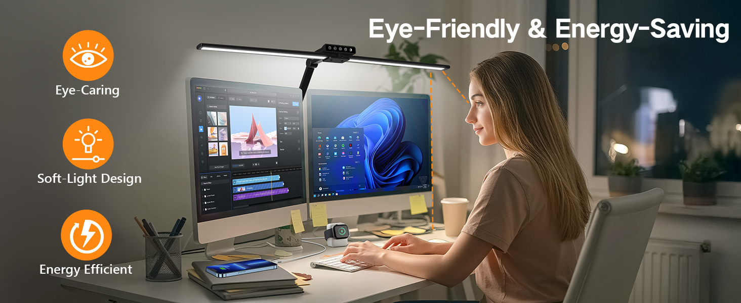 Text reads 'Eye-Friendly &amp; Energy-Saving'. Shows workspace setup with laptop and display demonstrating low-light optimization features.
