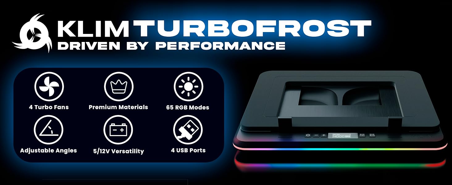 KLIM Turbofrost Gaming Laptop Cooling Pad - 4 Powerful Turbo Fans - 4 x 4000 RPM Dynamic RGB 4-Ports