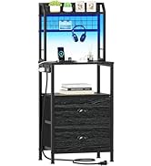 Furologee 40'' Tall Nightstand with Charging Station, Bedside Table with LED Lights, End Table wi...