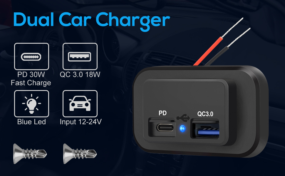 Dual car charger with USB and USB-C ports, featuring blue LED indicator and 12-24V input compatibility, shown with technical specifications.