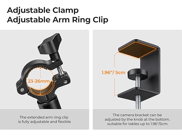 Text reads 'Adjustable Clamp' and 'Adjustable Arm Ring Clip'. Technical product images showing mounting bracket with measurements '1.96"/5cm' and '23-26mm', demonstrating adjustable features and installation flexibility.