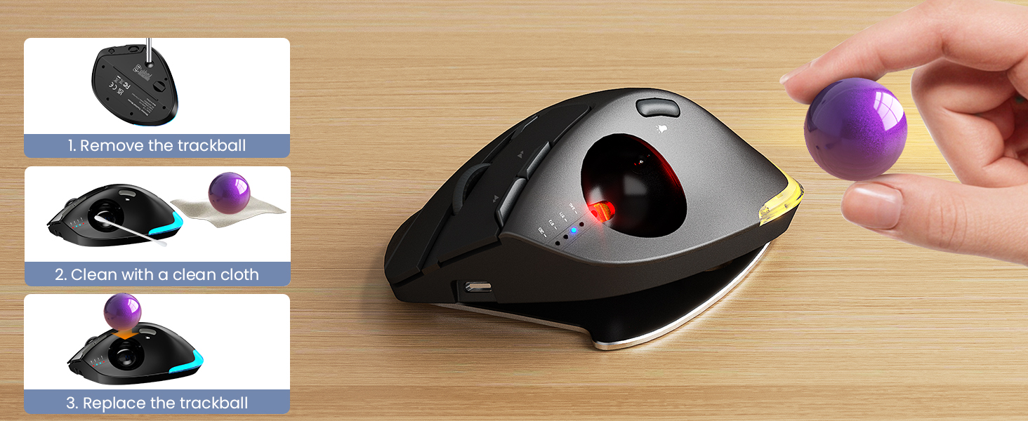 Wireless Trackball Mouse, Ergonomic Bluetooth Rechargeable Computer Mouse-Purple Ball