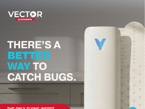Vector plug-in fly trap shown in tiled kitchen with bold claim and one-year supply badge on package.