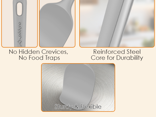 Silicone kitchen utensils with seamless design, reinforced steel core, and sturdy yet flexible heads