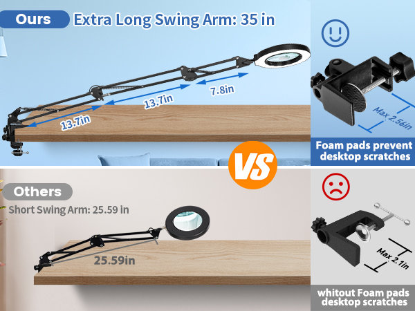 extra long 3-section arm lighted magnifying glass with stand craft light workbench light