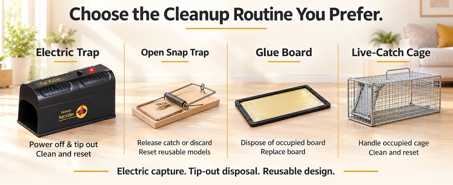 Comparison of electric, open snap, glue and live-catch traps by capture and handling method.