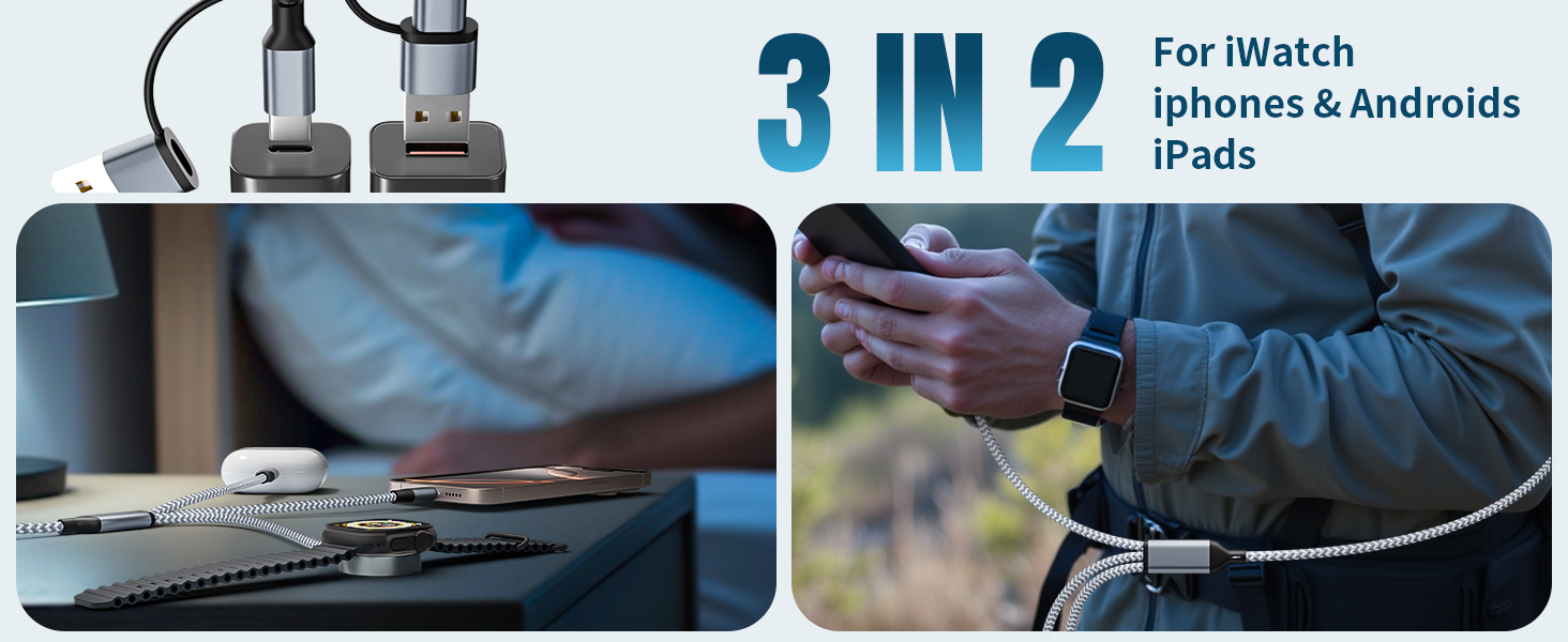 Travel Essentials 3 in 2 Charging Cable 2Pack 5FT