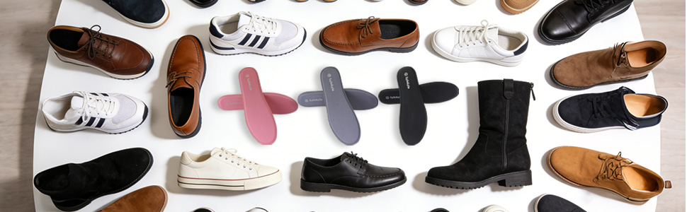 Circular arrangement of various shoe styles including sneakers, dress shoes, boots and casual footwear in different colors and designs.