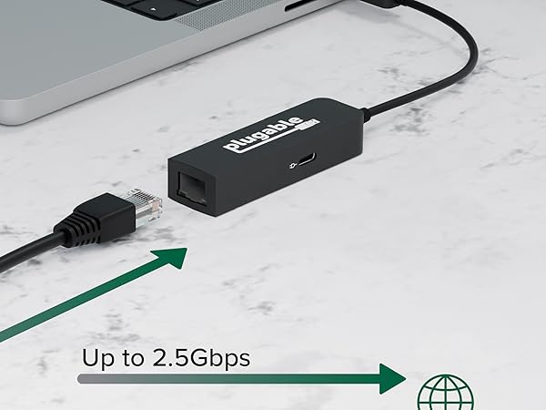 Plugable USB C 2.5Gbps ethernet adapter with pass through charging connected to laptop