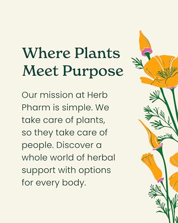 Where Plants Meet Purpose with floral illustration and Herb Pharm&amp;#39;s mission statement.