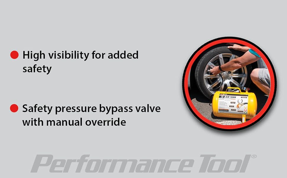 5-gallon air tank with a max PSI of 125. On/off air adjustment dial and a pressure bypass valve.